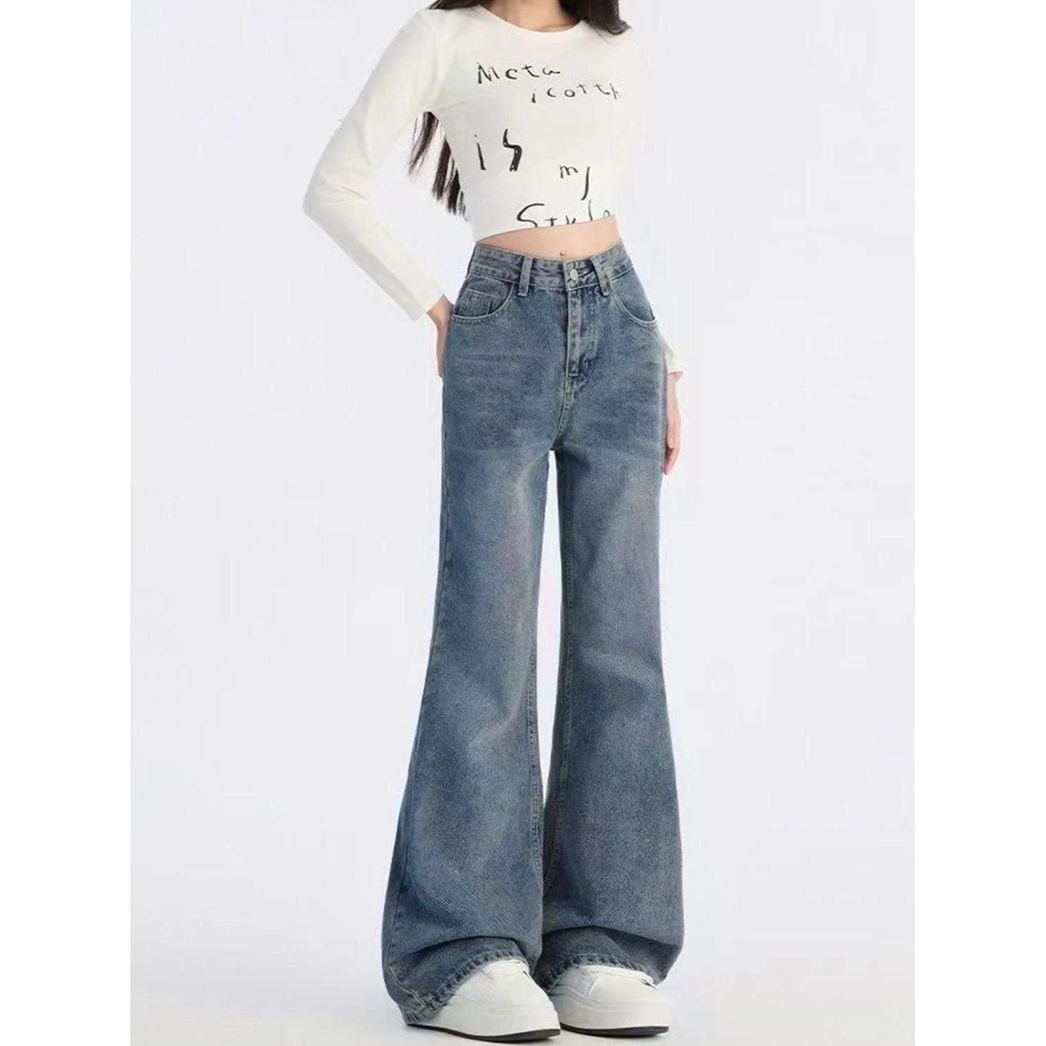 

Women s Retro Micro-Flare High-Waist Jeans – Spring/Summer/Autumn 2026, Slimming Loose Fit, Wide-Leg, Floor-Length Trousers Extra Large синій