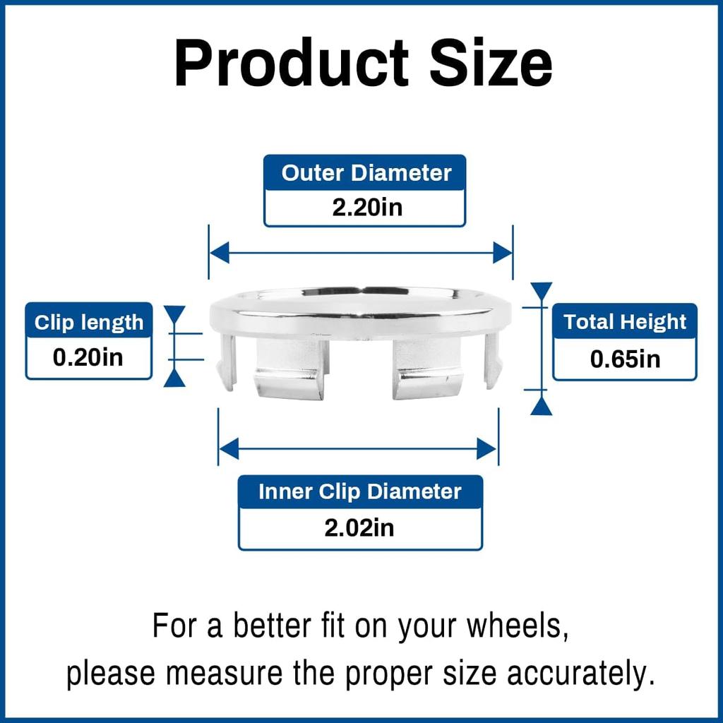 2.2IN 56MM Wheel Center Hubcaps Universal Center Cover Replacement-4Pcs Chrome Silver, Outer 2.2in/55.8mm, Inner 2.02in/51.3mm