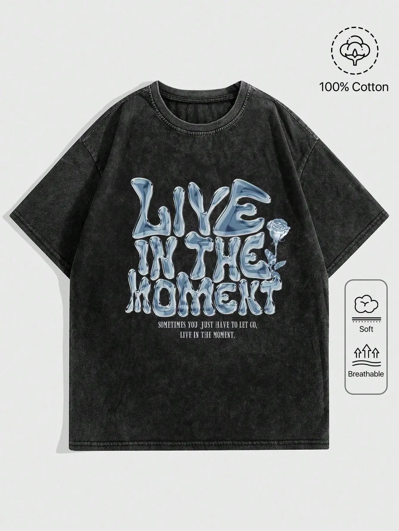 Casual Cotton Washed T-Shirt Live In The Moment Letter Printing Tees Tops Fashion O-neck Oversize Street Female Clothes S разноцветный
