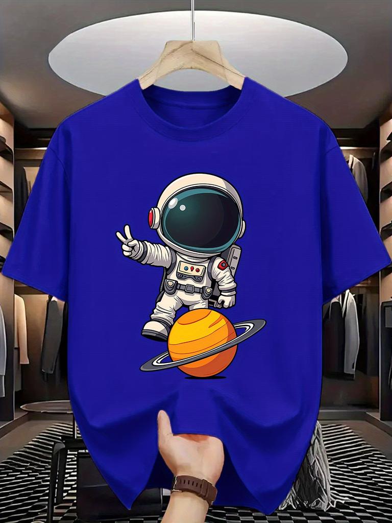 Unisex O Neck Tee Astronaut Planet Cartoon Print Cotton Short Sleeve Loose Summer Street Breathable Daily Casual Basic Wear Top