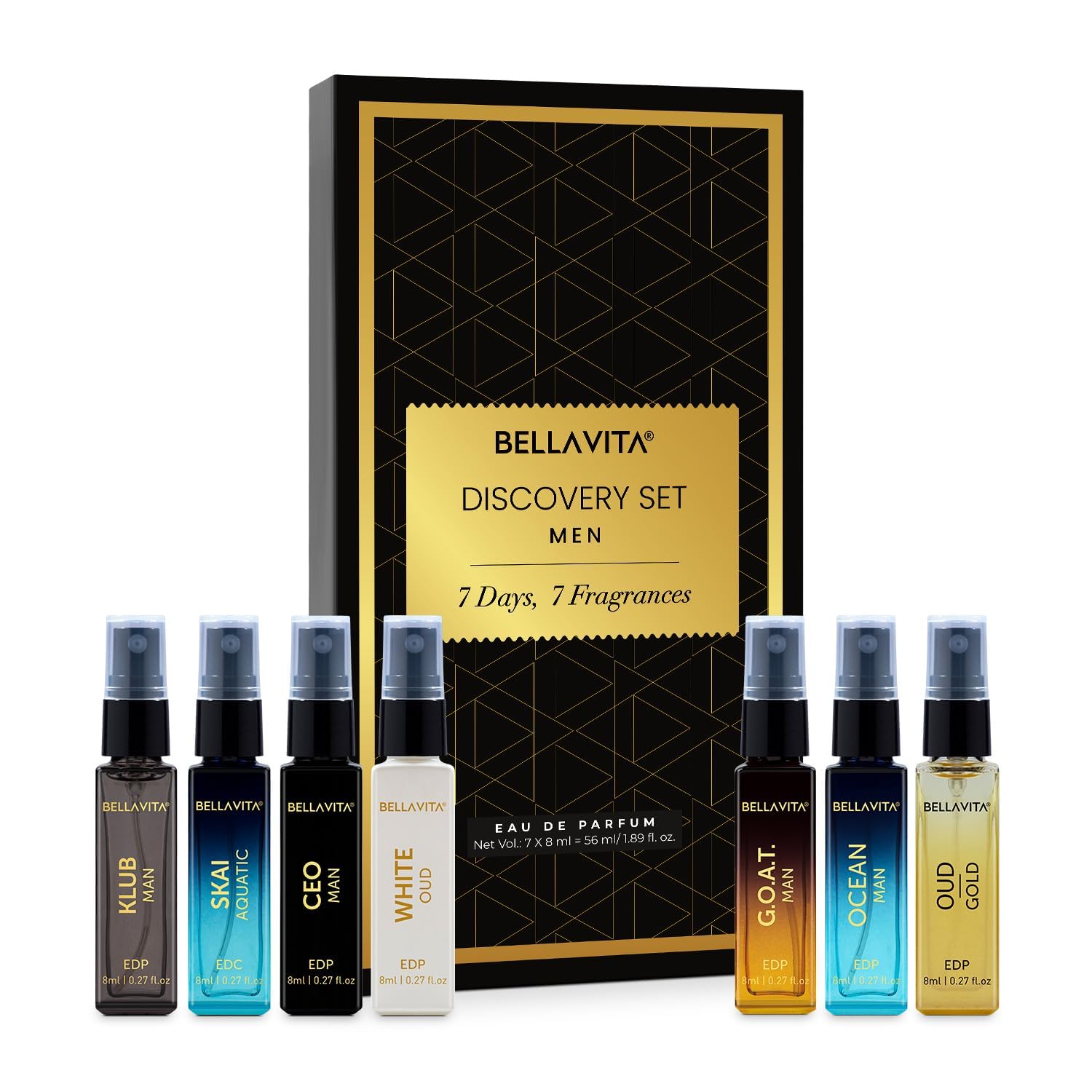 BELLAVITA Discovery Langanhaltendes EDP Parfüm Geschenkset 7x8ml für Herren Holzig Oud Frischer Duft