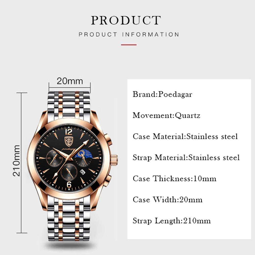 Poedagar 829 Luxury Men Watch Chronograph Quartz Stainless Steel Band Waterproof Luminous Hands Casual Business Wristwatch