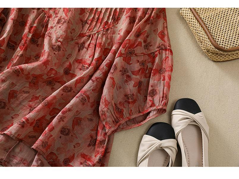 2025 Summer Floral Print Puff Sleeve Round Neck T-shirt