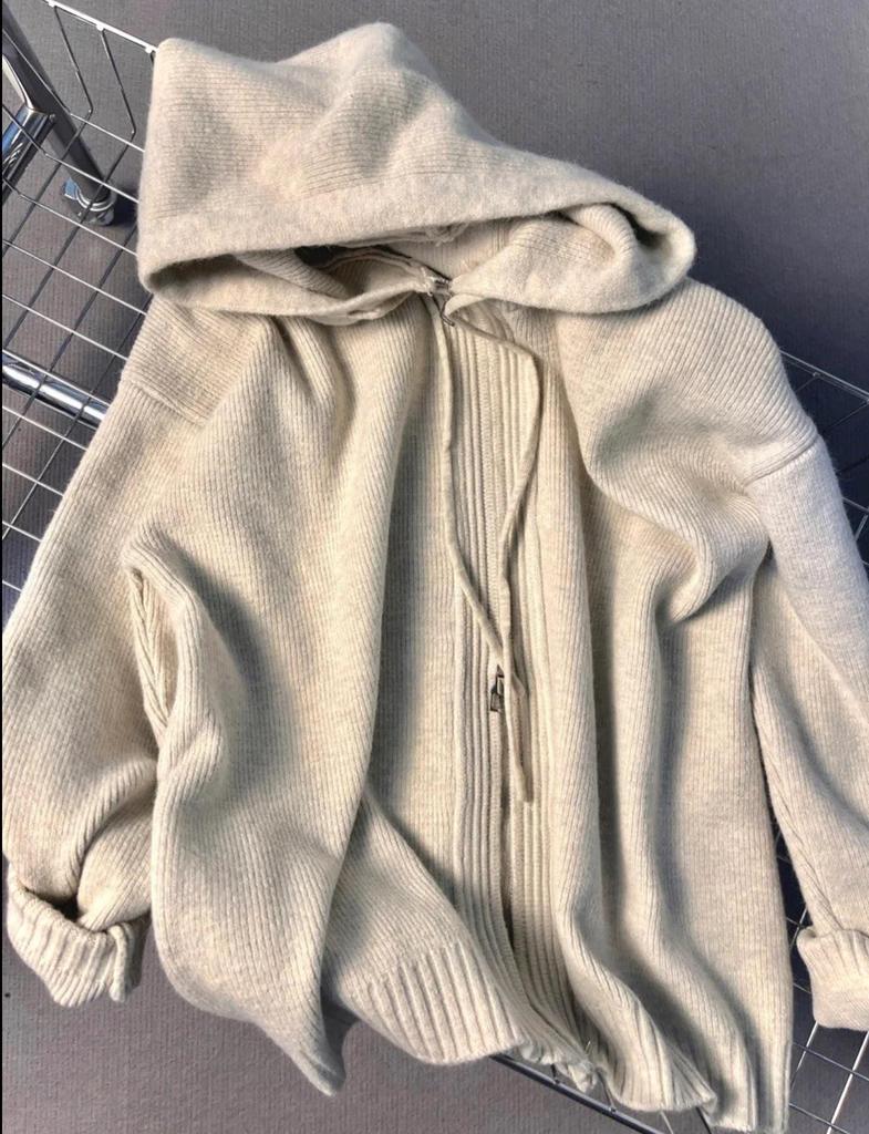 Damen Dicke Graue Strick Kapuzenpullover Jacke, Lockere Frühlingsoberbekleidung mit Doppelreißverschluss, Lässiger Stil.