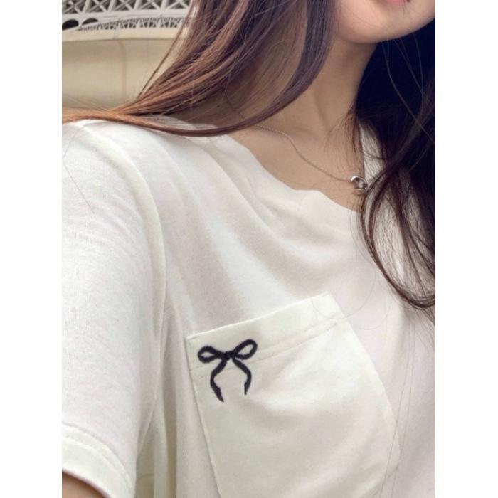 

Small V-neck front shoulder short-sleeved T-shirt women s summer new pleated versatile top trendy S белый