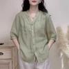 Summer Women's  Linen Shirt Loose Fit Casual Thin Shirt V-neck Button Up Versatile Slimming Top