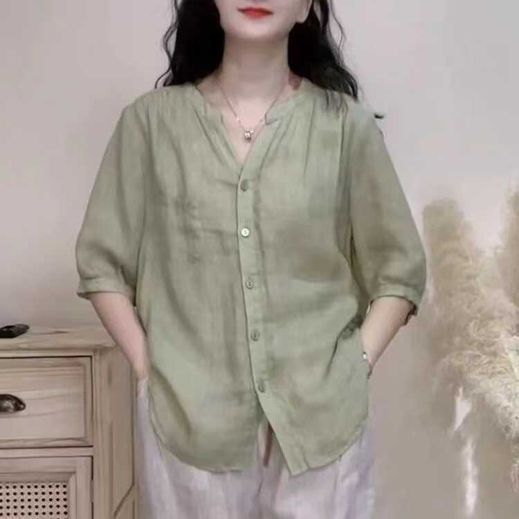 Summer Women's  Linen Shirt Loose Fit Casual Thin Shirt V-neck Button Up Versatile Slimming Top