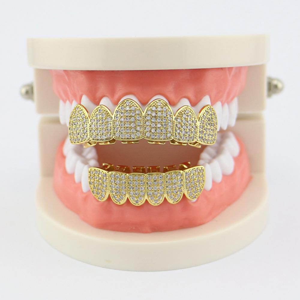 Herren Hip Hop Goldzähne Grillz Ober- & Unterkiefer Iced Out Grillz Zahn Cubic Zirkonia Zahnspangen Zirkonia Vampirzähne Grillz