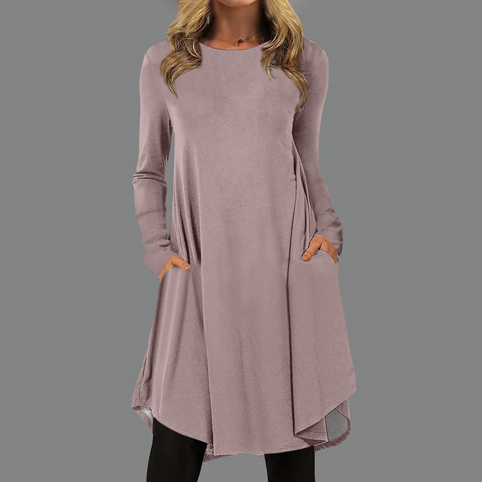 

Женская мода повседневное сплошной цвет пуловер с круглым вырезом свободное платье с длинным рукавом M