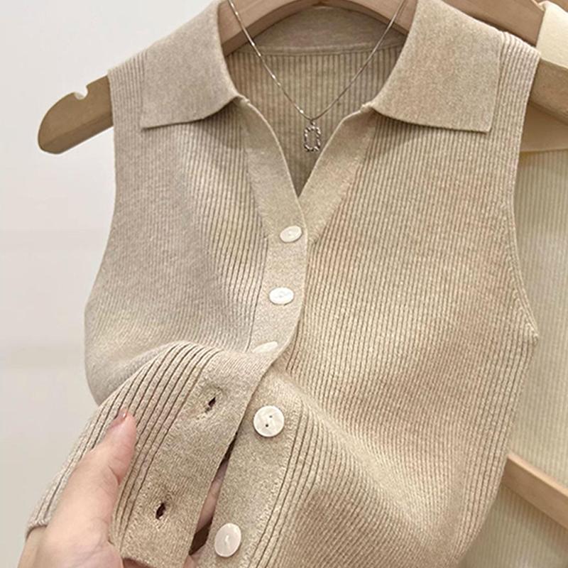 Корейский однобортный трикотажный жилет женский однотонный лацкан без рукавов тонкий топ