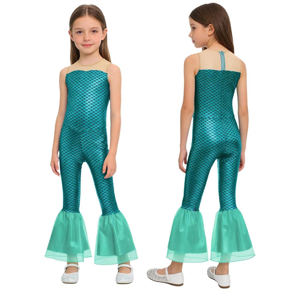 Kompletter Meerjungfrauen-Jumpsuit für Mädchen Halloween: Ärmelloses Einteiler-Kostüm mit funkelndem Schuppendesign für Bühne & Party