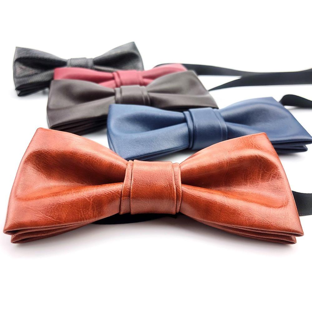 Adjustable Men Necktie Solid Color Retro Cravat Simple PU Leather Bow Tie Suit Accessories