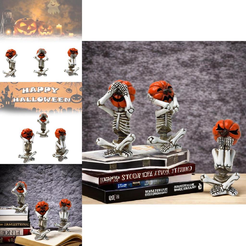Delightful White Pumpkin Skull Set Three Resin Figurines Perfect For Halloween Parties