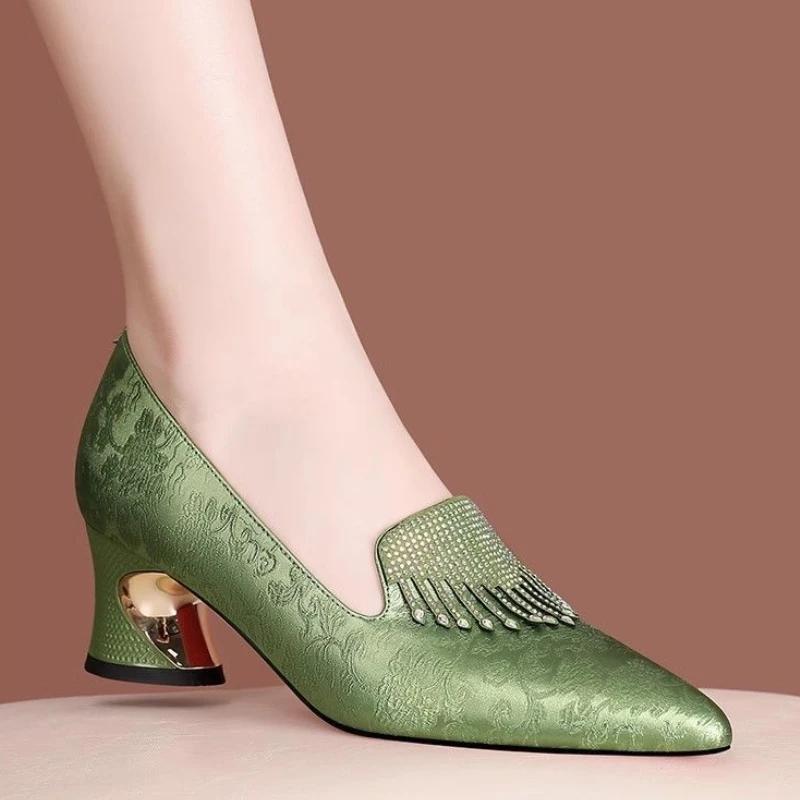 Fashion Ladies Pumps Chunky Heels Women's Shoes Block Heel Rhinestone with Crystals Diamond Pointed Toe Medium Non Slip On 2025 Trend 39