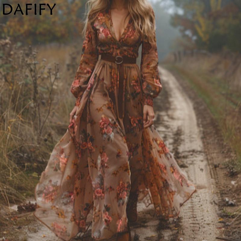 DAFIFY ქალთა მოდის გაზაფხულის შემოდგომის ყვავილების ნიმუში ბეჭდვითი გრძელმკლავიანი V-კისრის მაღალი წელის ჩვეულებრივი კაბები