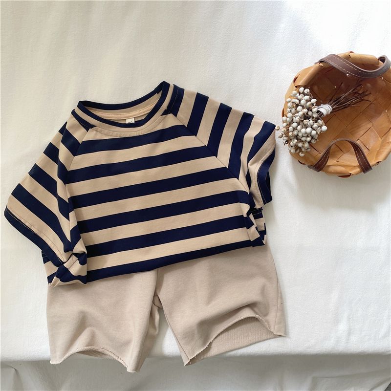 Children's Summer Clothing Korean Loose Striped Short Sleeved T-shirt Boys and Girls Stylish Versatile Top