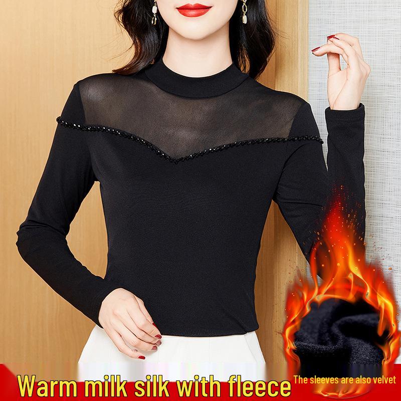 

Women s Beaded Fleece-Lined Semi-High Neck Mesh Long Sleeve Shirt 3XL чёрный