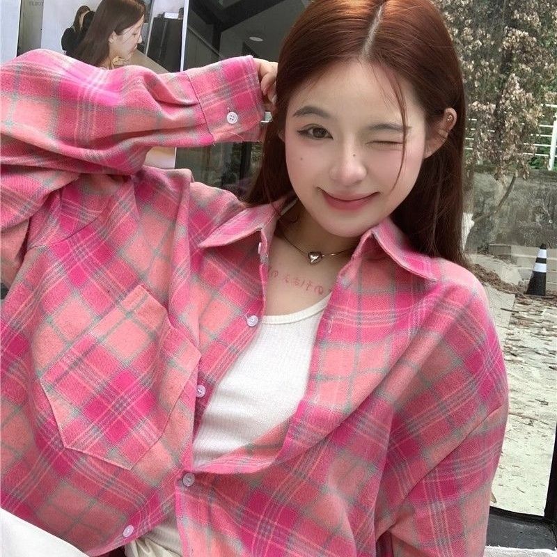 Color Blocking Checkered Women's Shirt Thin Loose Casual Sunscreen Shirts Spring Long Sleeved Lapel Female's Blouses