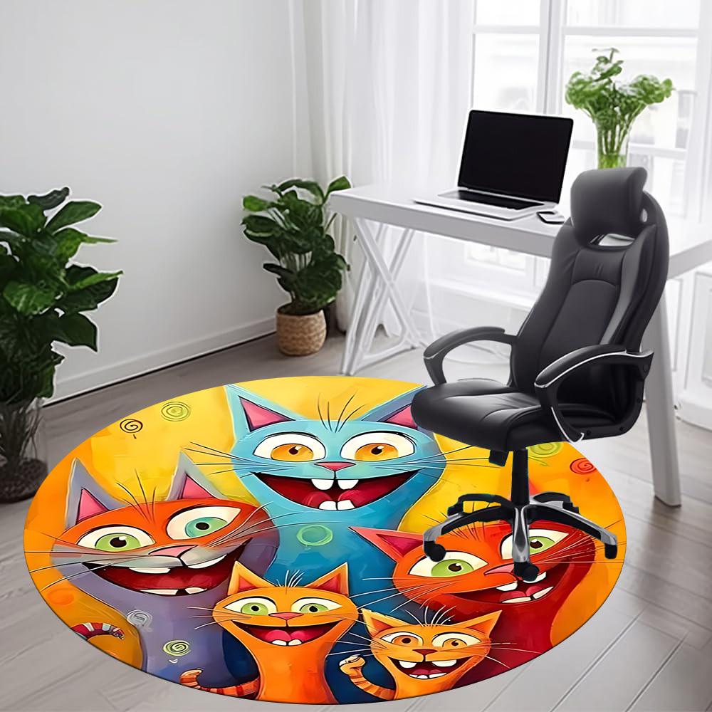 1PC Cat Family Office Round Area Rug, Mat Suitable ForOffice, Under Office Chairs Bedroom Living Room Home Decor, Room Deco