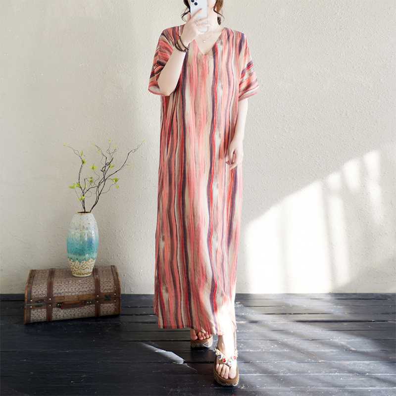 

Summer Women s Cotton and Linen Printed V-neck Long Skirt one size зелёный