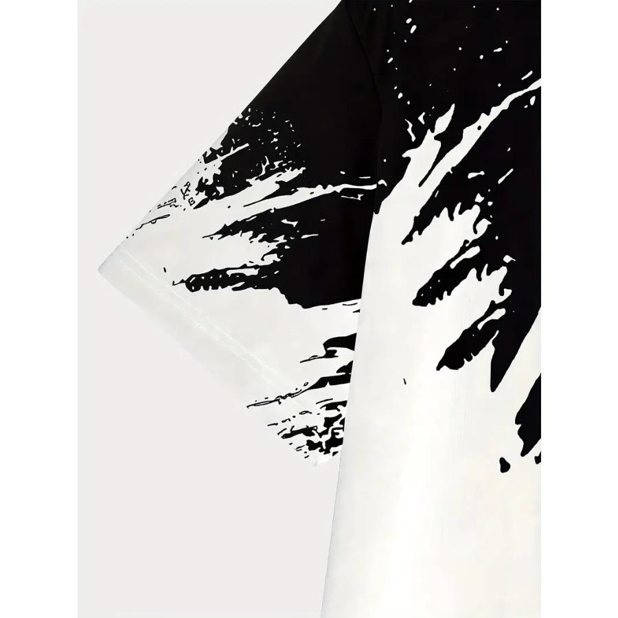 Men Casual Graphic T-Shirt - Black & White Abstract Design, Short Sleeve, Round Neck  Stretchy Summer, Streetwear Style, Everyday Comfort Tee