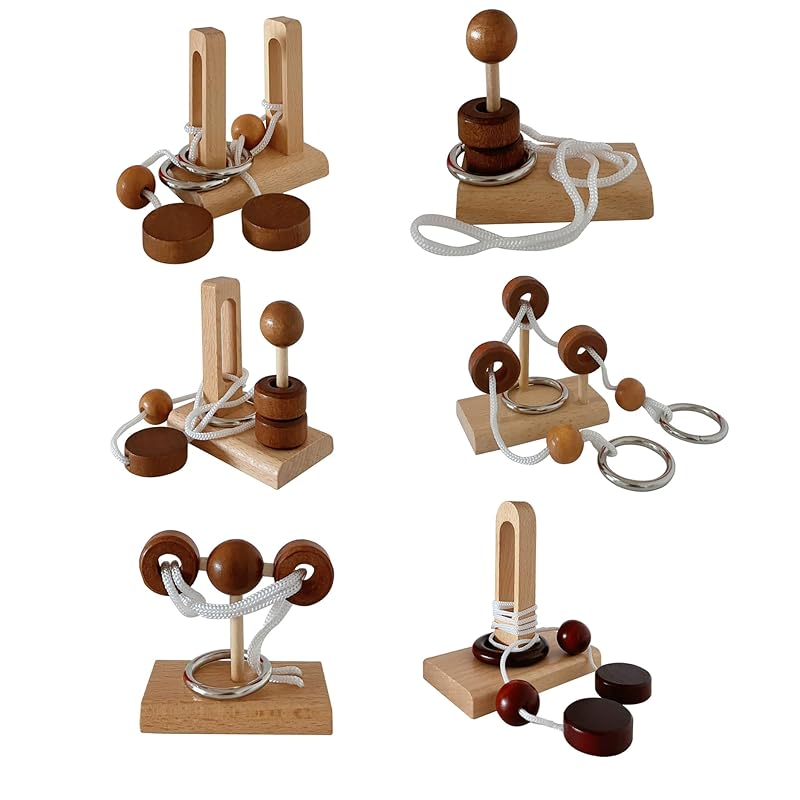 

Qiqutop Educational Puzzle, Wooden Ring Remover and String Threader, Set of 6, Brain Training Puzzle, Mystery Solving for Adults and Children, Brain