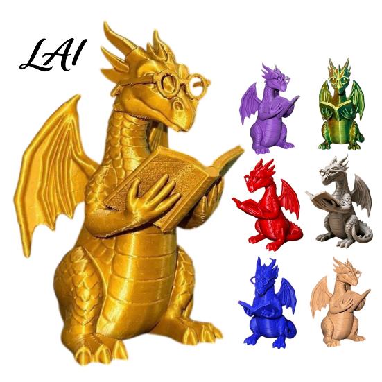 Whimsical Desk Accessory Reading Dragon Figurine with Glasses Statue 3D Printed Lover Gift Bookshelf Decor Desktop Ornament for Book Lovers