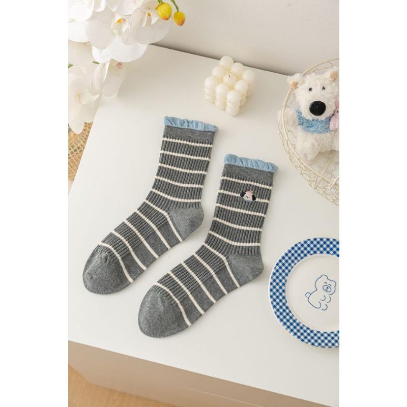 

Серые полосатые носки, женские носки до середины икры, хлопковые носки для весны и осени, милое мультяшное кружево, модные длинные носки для верхней одежды 1 pair