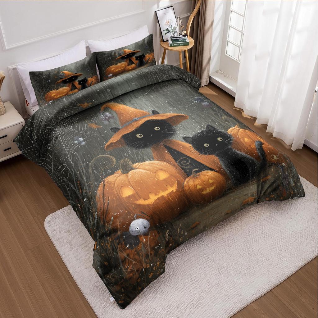 3pcs Halloween Pumpkin Monster Duvet Cover Set Without Core Quilt Cover with 2 PillowcasesSoft and Machine Washable