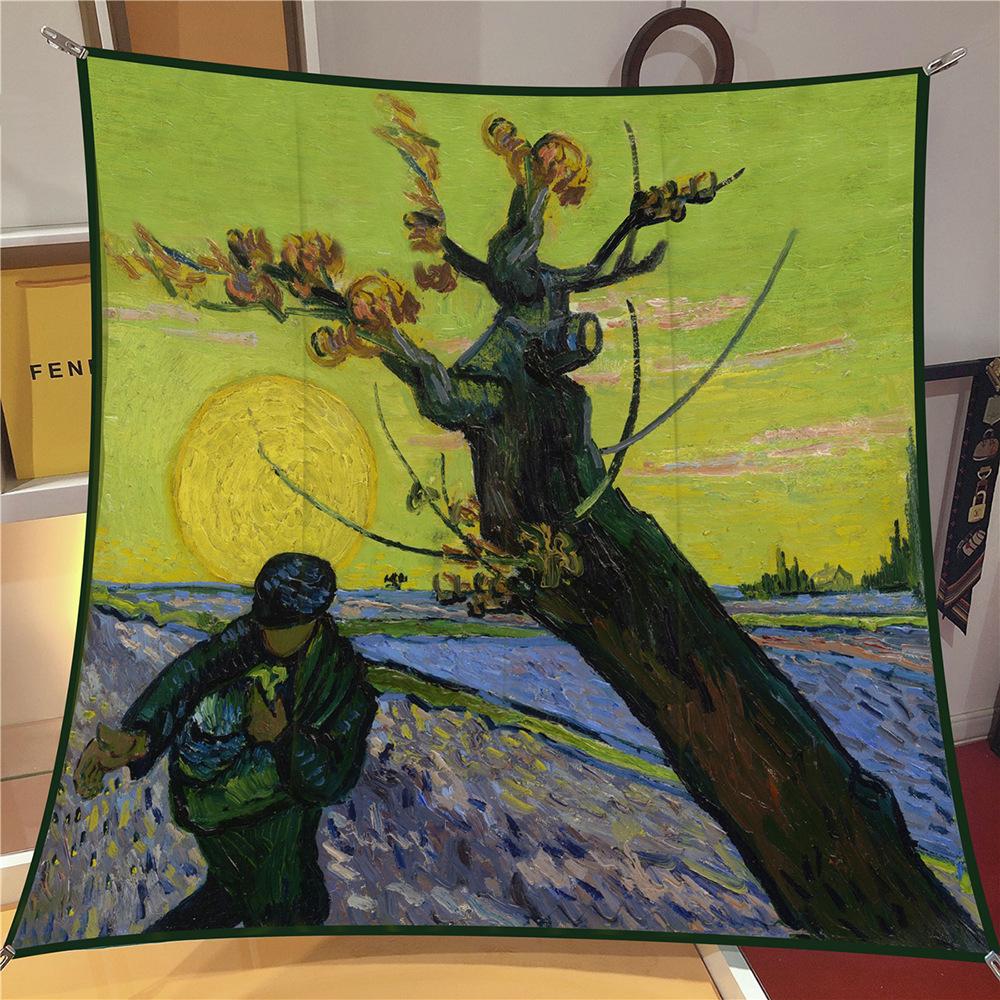 90cm Sternenhimmel Imitation Köper Modischer Seidenschal Quadratisch Damen Hijab Bandana Foulard Kopftuch Van Gogh Ölgemälde Halstuch