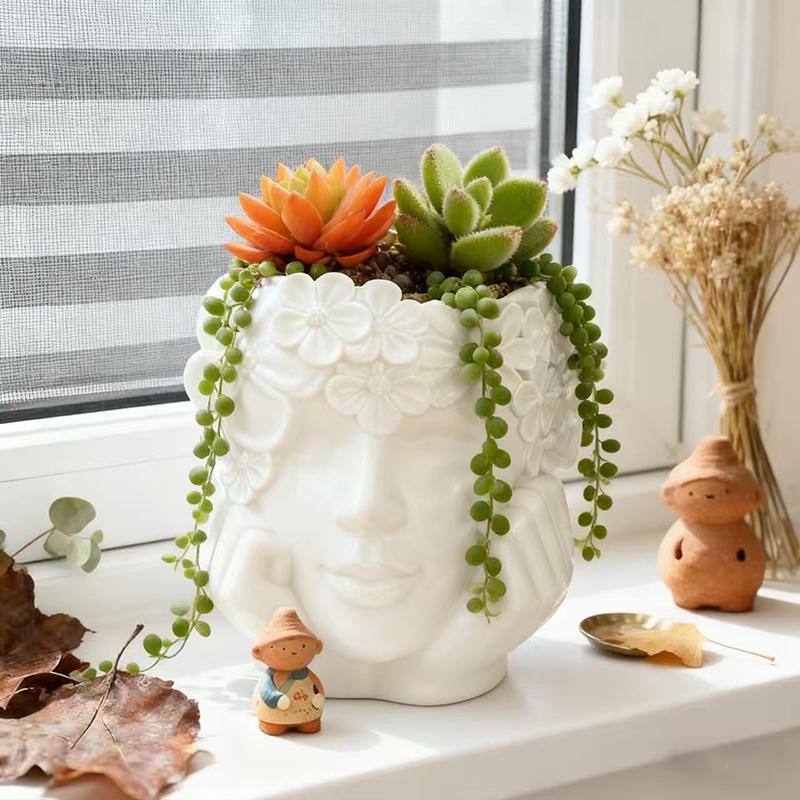 Beautiful Flower Holding Face Girl Flowerpot Green Plants Flower Pot Home Courtyard Garden Decoration Resin Handicrafts Ornament