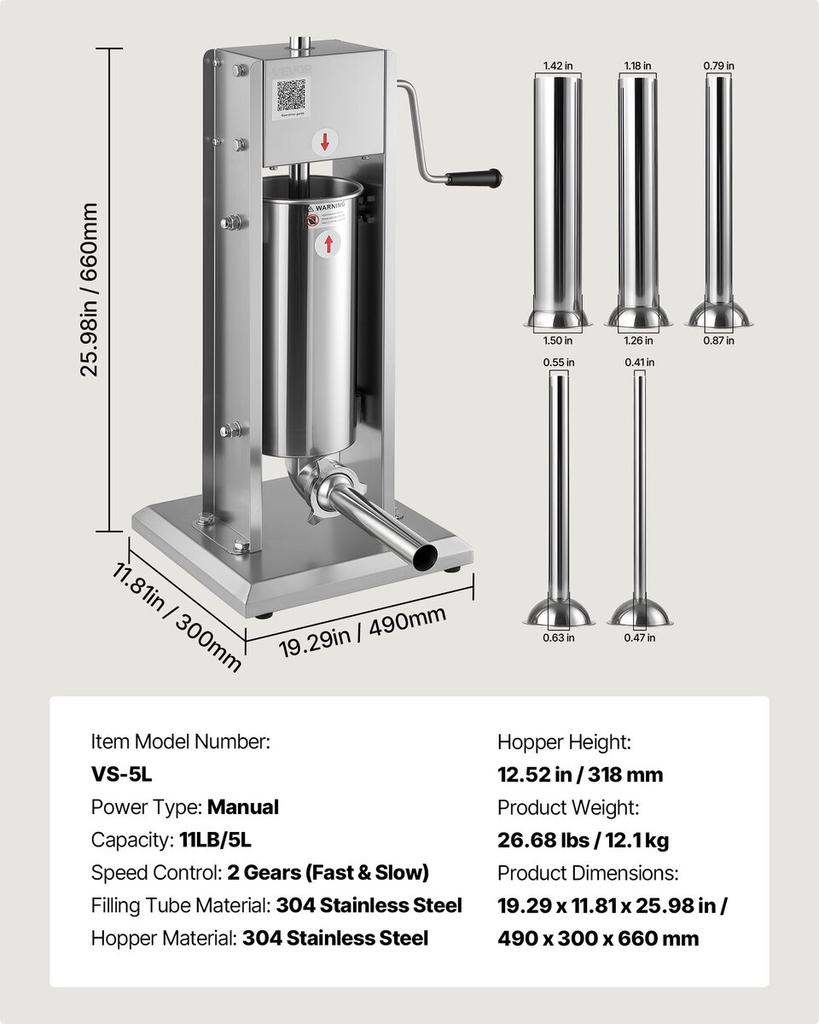 Manual Sausage Stuffer, 11 LBS / 5 L Vertical Meat Stuffer, Dual-Speed Sausage Casing Meat Filling Machine, Stainless Steel Heavy Duty Filler with 5