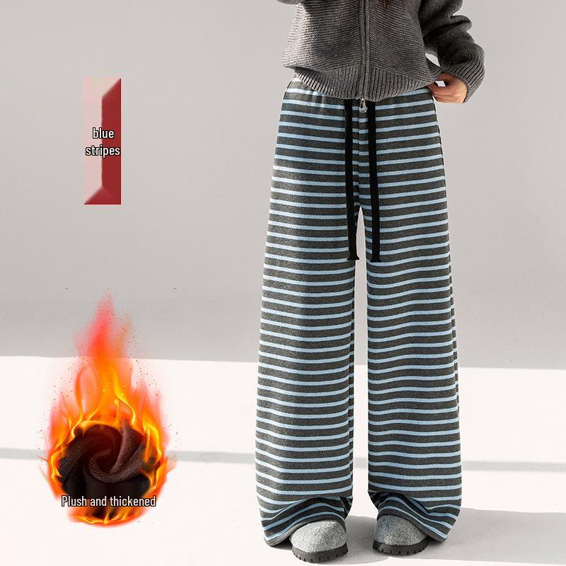 Women s High-Waisted Winter Fleece-Lined Striped Wide-Leg Pants Medium