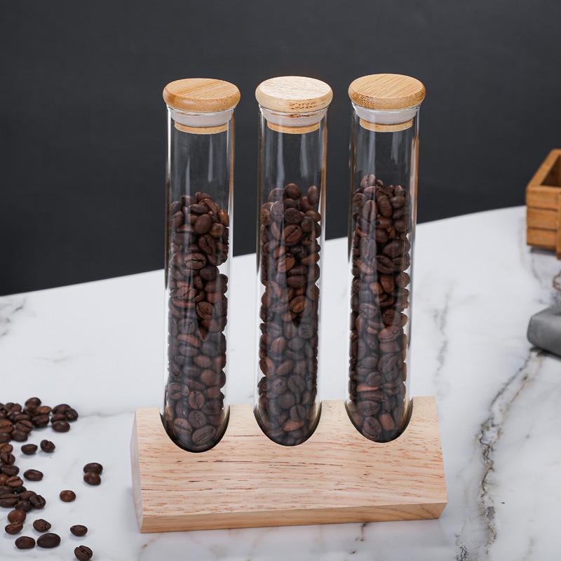 150ml Sealed Glass Bottles with Wooden Stand Tea Coffee Bean Grain Storage Jar Display Rack Transparent Storage Boxes Decor
