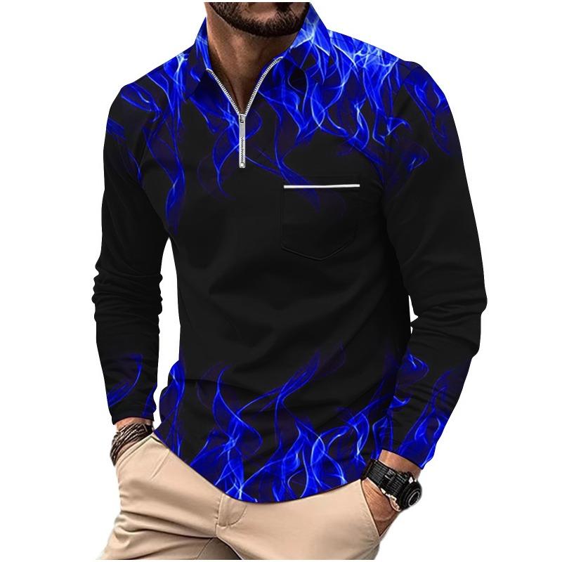 Men's Printed Polo Shirt with Zipper Pocket Sports Long Sleeved Polo Shirt