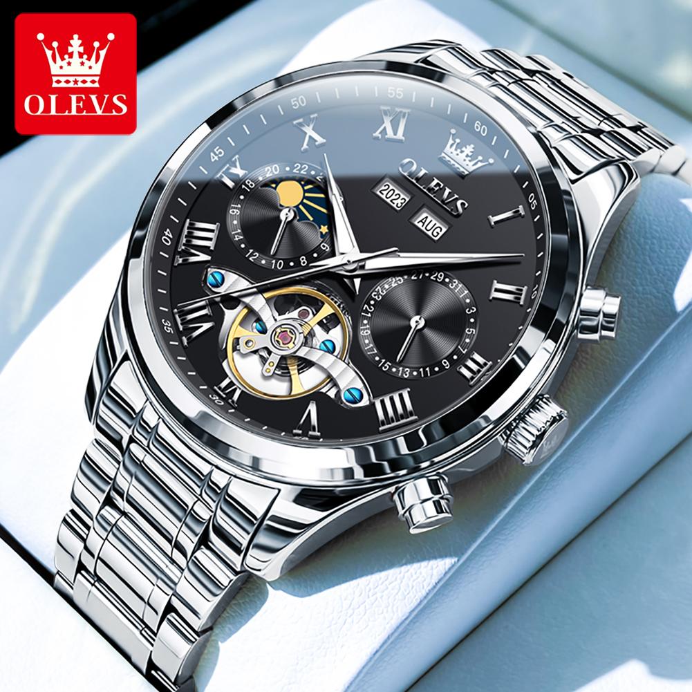 OLEVS 7005 Automatic Man Watch Luxury Skeleton Flywheel Watch 24 Hour Moon Phase Calendar Waterproof Mechanical Men's Watches