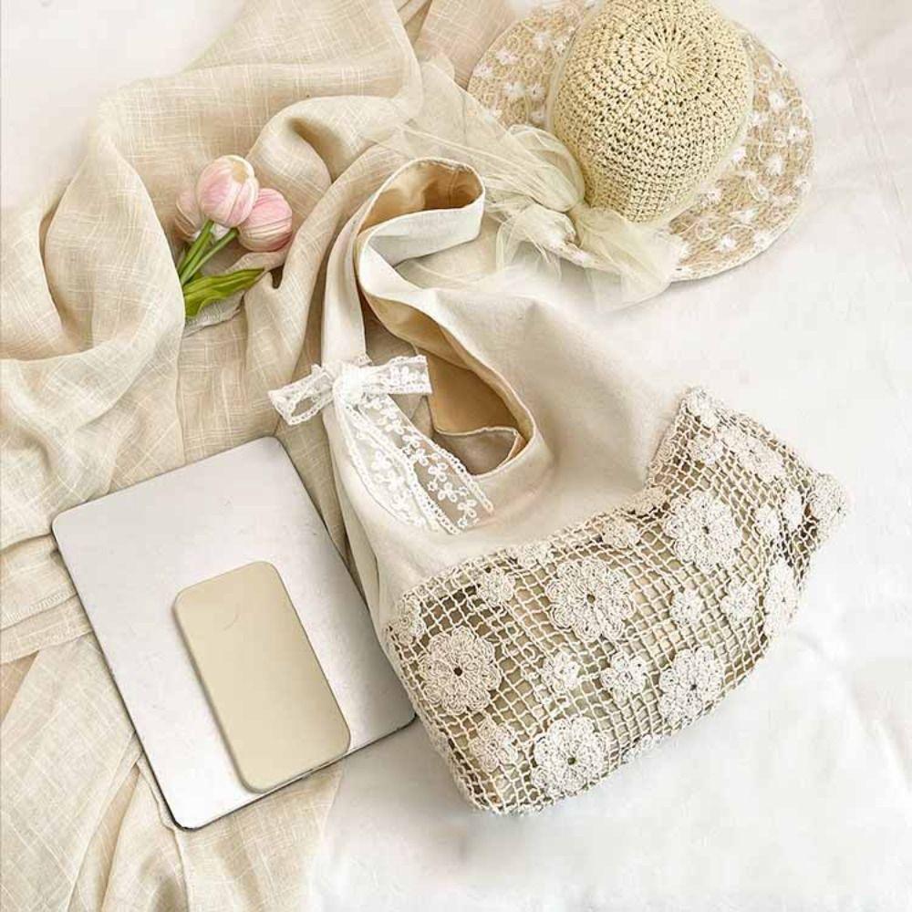 Tote Bag Flower Beach Bag Hollow Out Hollow Shoulder Bag Simple Solid Color Woven Bag  Girls