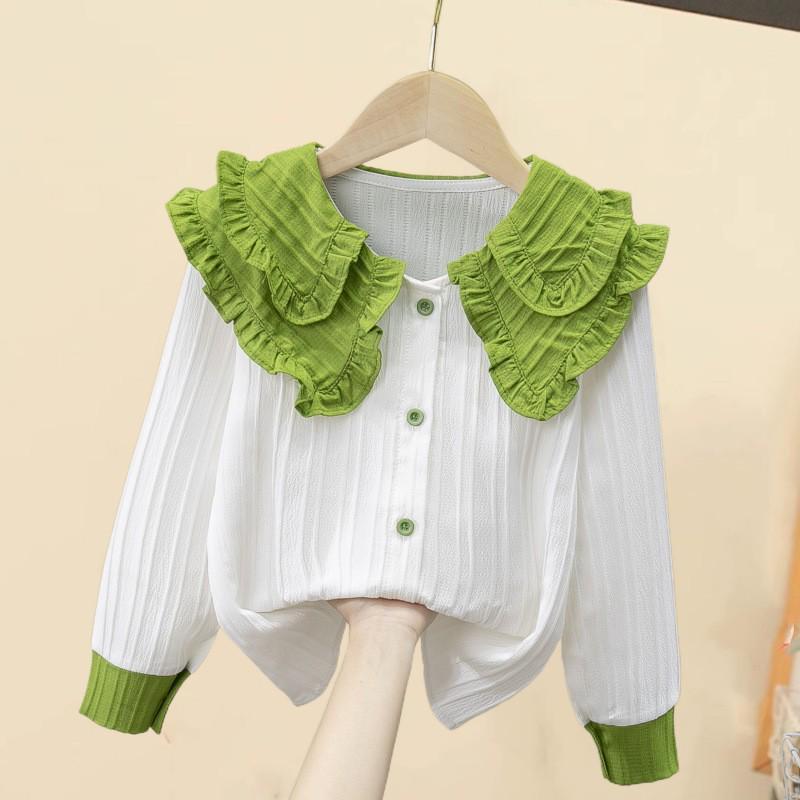 Girls' White Long Sleeve Lace Shirt - Spring/Autumn Class Uniform, Performance Costume.