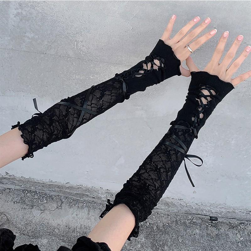 Lolita lace bow hand sleeve women's Japanese splicing ballet style ribbon strap sleeve cos sweet cool gloves