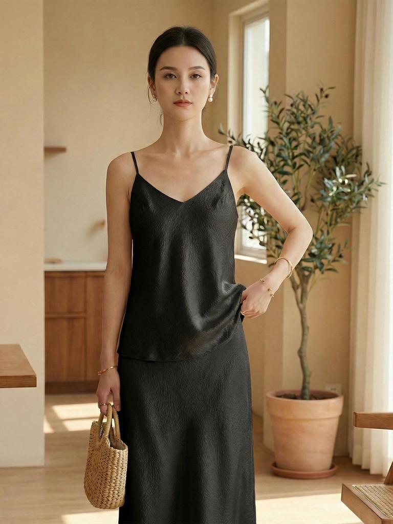 Damen-Set aus französischer Maulbeerseide: Camisole & Langer Rock - Frühjahrs-/Sommer-Mode
