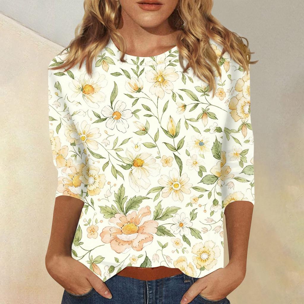 Women's Casual Floral Print Three Quarter Sleeve Top Round Neck Lightweight Blouse for Daily Wear and Comfortable Fit