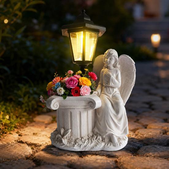 Solar Angel Ornaments, Resin Outdoor Decorative LED Lights, Warm Glow Ornament for Courtyards Gardens Landscaping