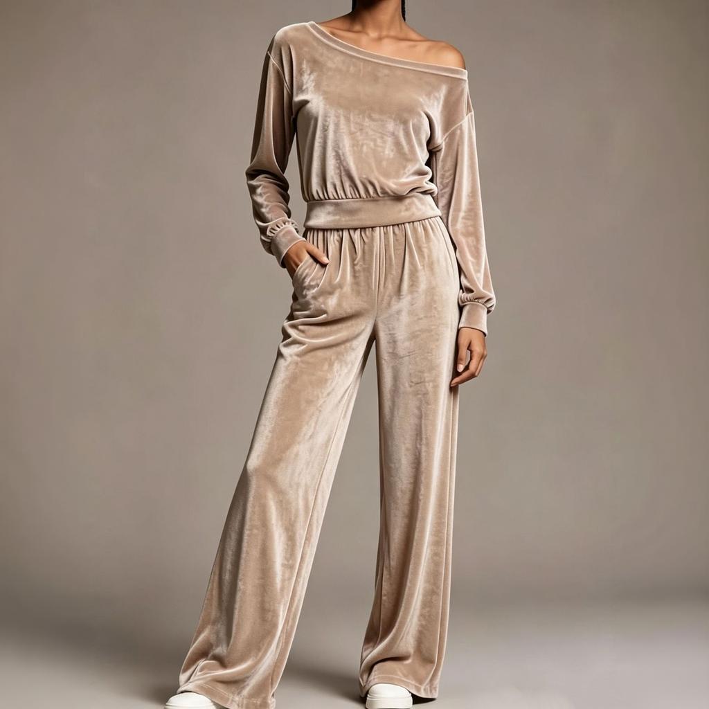 Women's Velvet Two Piece Outfit Off Shoulder Long Sleeve Fitted Top with High Waist Wide Leg Pants
