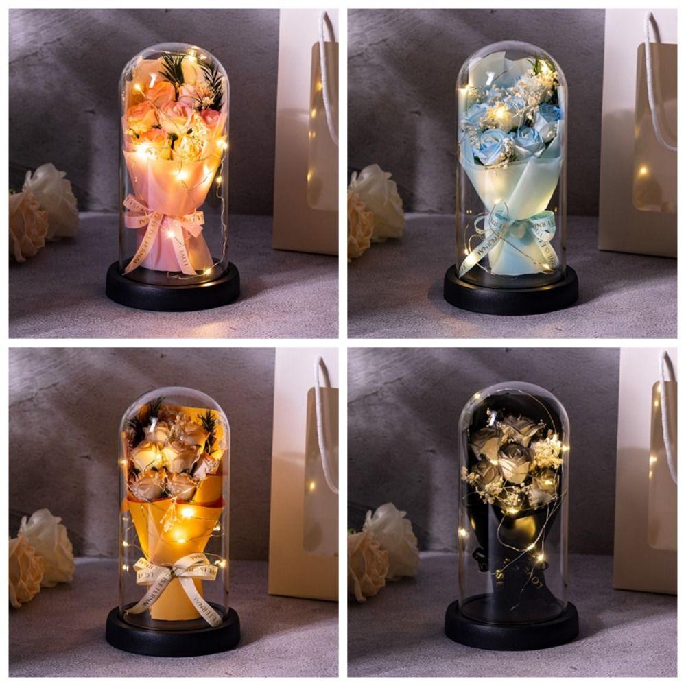 Acrylic Dome Rose Eternal Flowers LED Light Simulation Flower Decor Starry Sky Bouquet Gift
