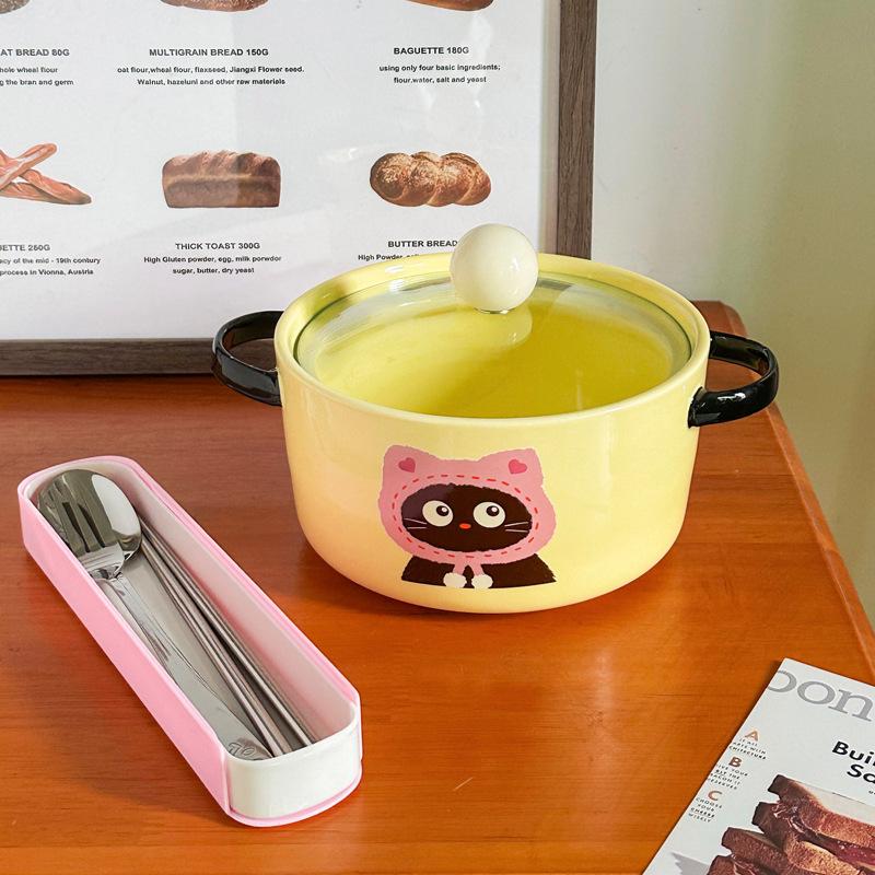 Cute cat ceramic instant noodle bowl with lid student dormitory instant noodle bowl large capacity snail powder personal special bowl