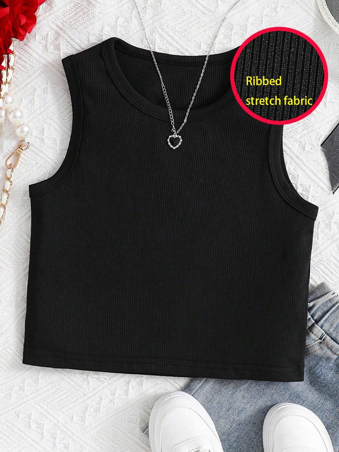 Single-piece Tween Girl classic simple solid color ribbed material black casual sports stretch vest spring/summer style 5-6Y чёрный