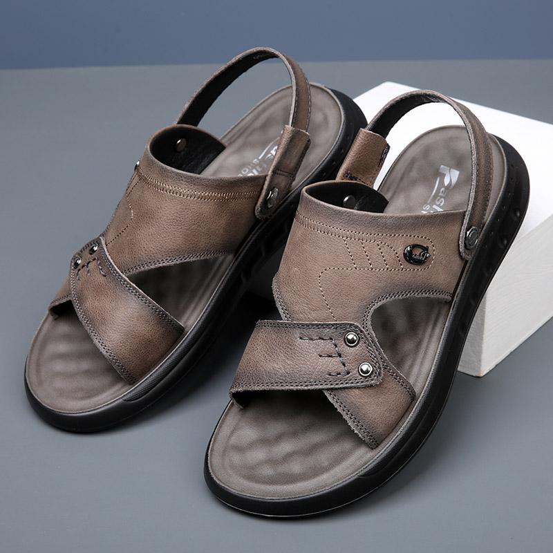 New Summer Genuine Leather Men Sandals Black Khaki Outdoor Casual Sandals Cowhide Beach Shoes Two Uses Men's Sandals Slippers