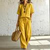 Damen Kurzarm-Oberteil mit Knopfleiste und Hose mit Kordelzug, Zweiteiler, Lässiges lockeres Outfit in Unifarbe