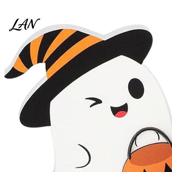 Whimsical Halloween Table Decor 3Pcs Sweet Ghost Decor, Wooden Cute Figurines with Candy Rustic Tabletop Pumpkin & Cauldron, Centerpiece for