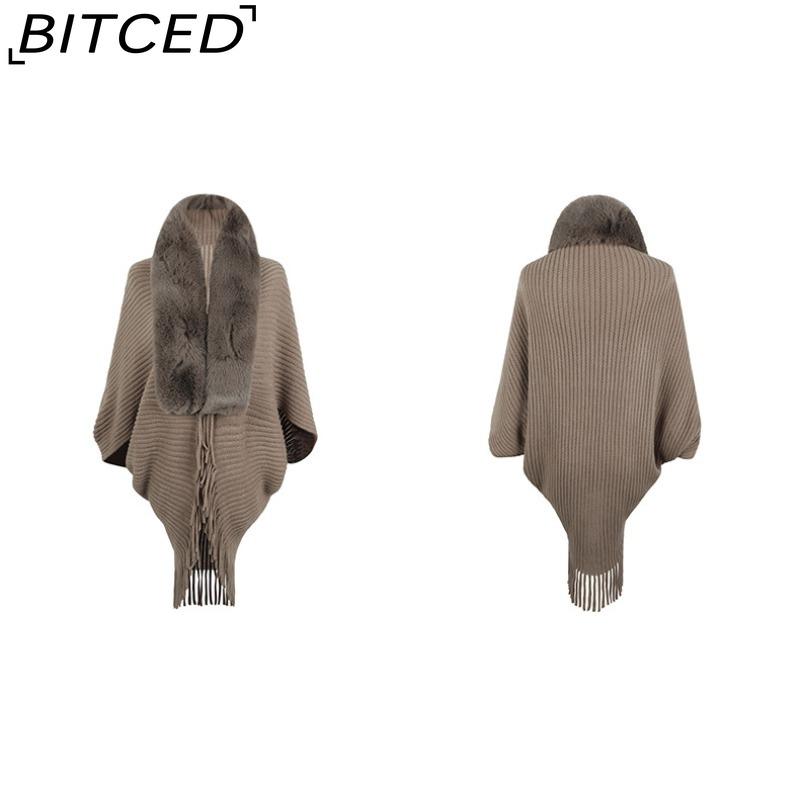 BITCED Autumn/Winter Fringe Shawl with Fur Collar – Women's Knitted Cape Coat